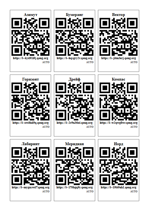 Аркуш A4: на кожній картці назва команди, коротке посилання та QR-код