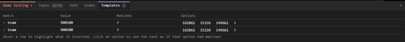 The "Templates" tab: which match checked what, and which branch fired