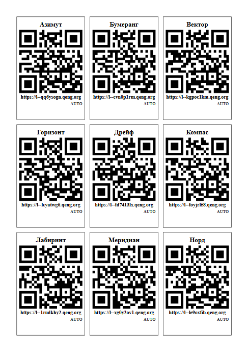 Лист A4: на каждой карточке название команды, короткая ссылка и QR-код Лист A4: на каждой карточке название команды, короткая ссылка и QR-код