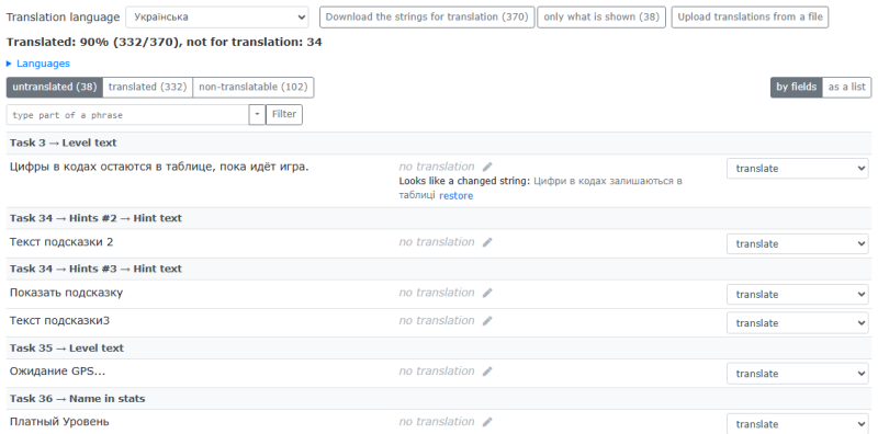 "Stale translations": the original was rewritten, and the old translation is offered back with "restore" "Stale translations": the original was rewritten, and the old translation is offered back with "restore"