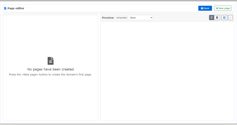 The pages studio: the bar on top, the editor on the left, the live preview on the right The pages studio: the bar on top, the editor on the left, the live preview on the right
